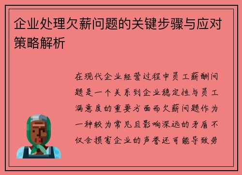 企业处理欠薪问题的关键步骤与应对策略解析