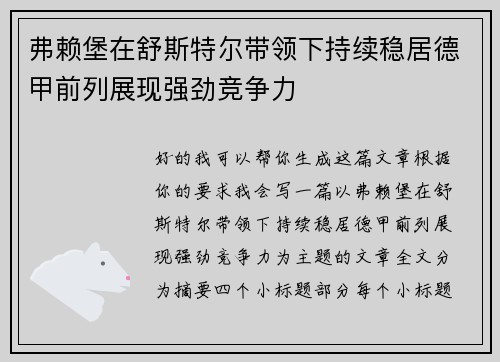 弗赖堡在舒斯特尔带领下持续稳居德甲前列展现强劲竞争力